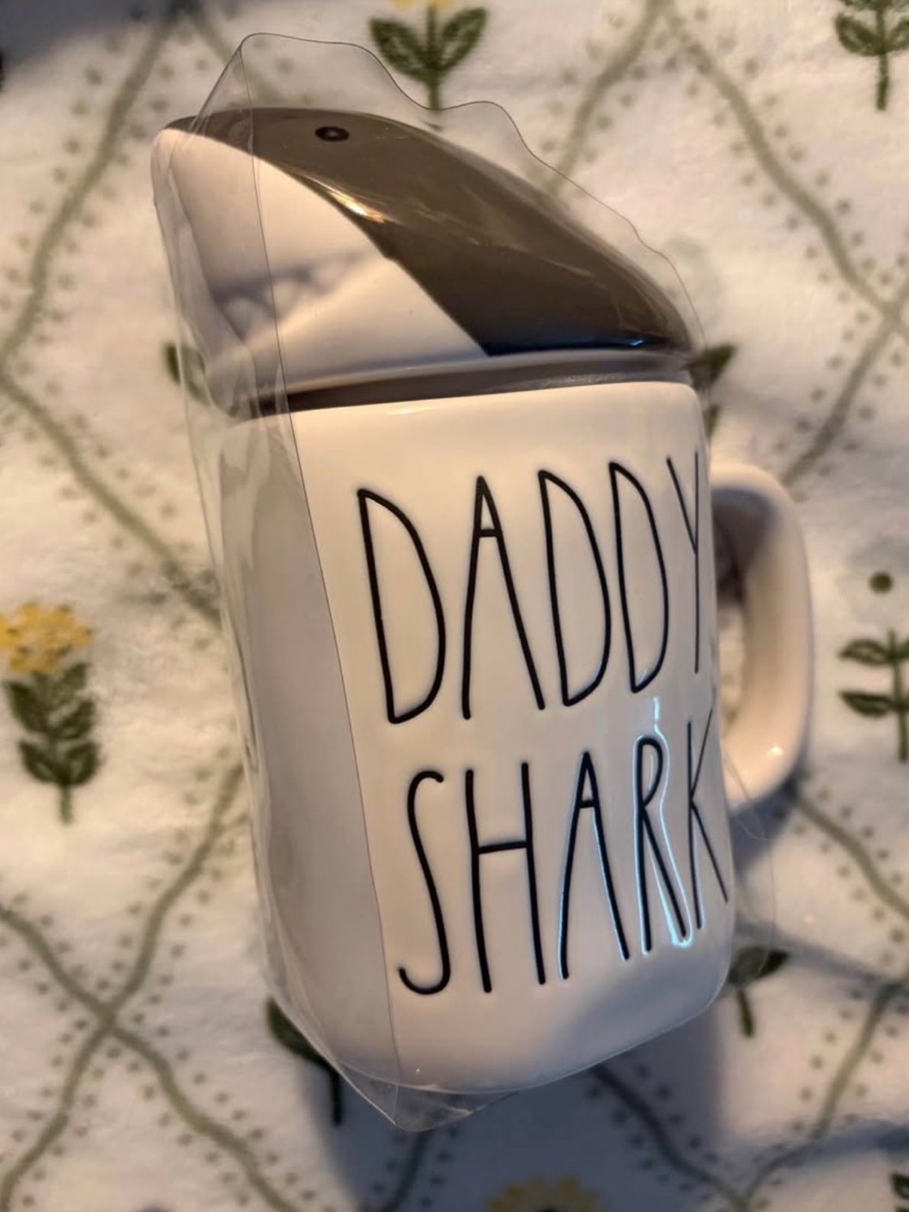 Rae Dunn White Ceramic "Daddy Shark" Mug with Black Lettering